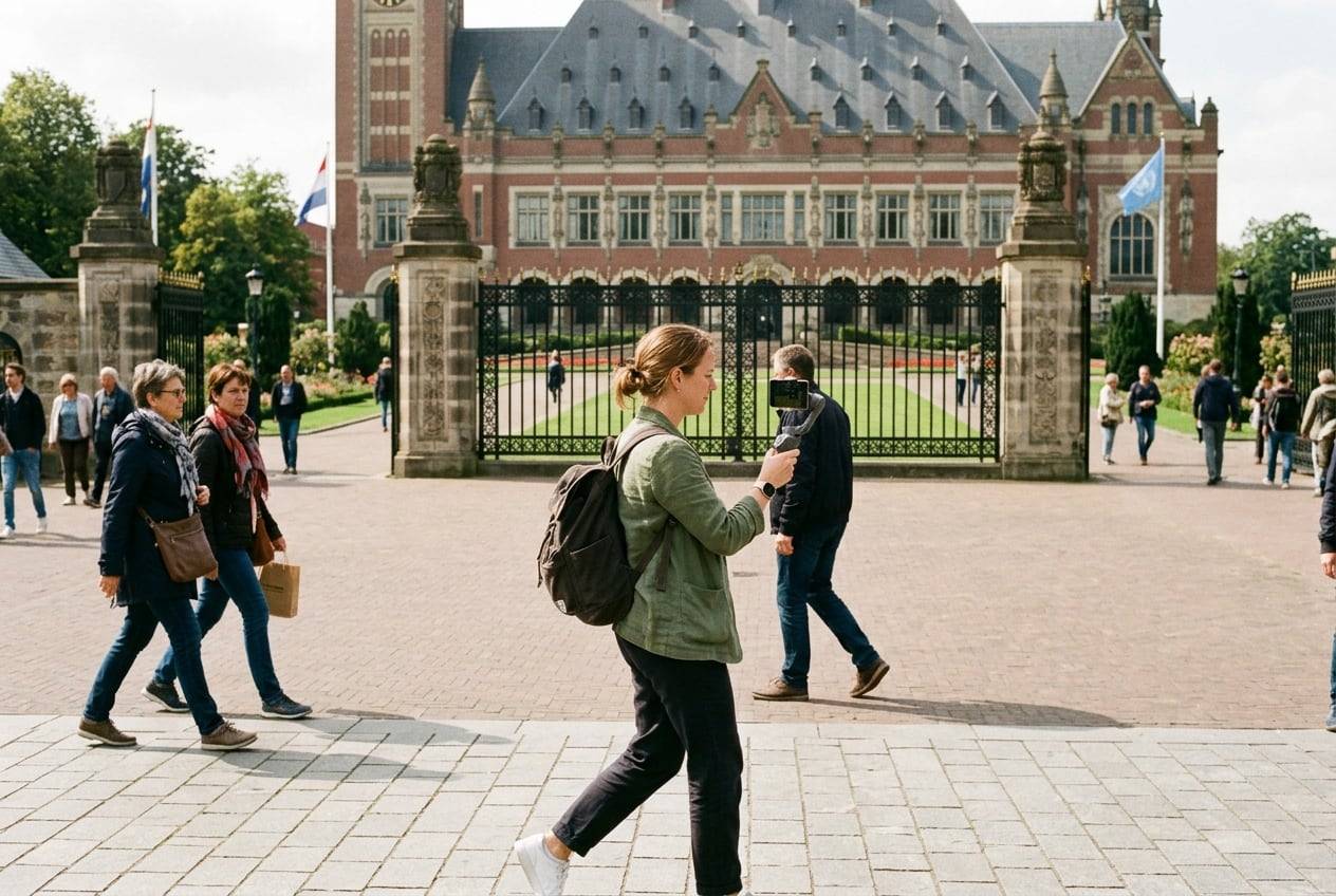 A woman in her 30s at the Peace Palace gates, The Hague, filming a vertical video with a phone gimbal while walking