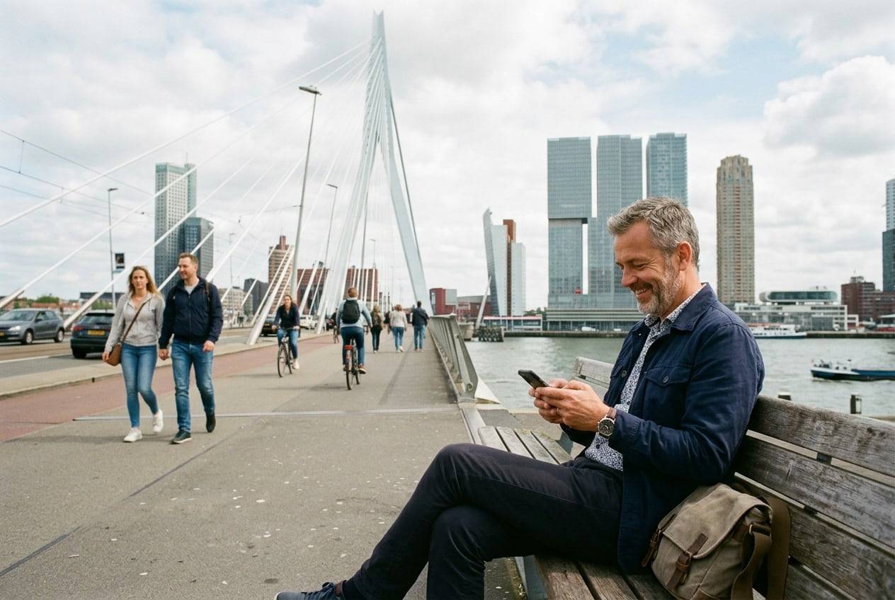 A man in his 50s on the Erasmus Bridge, Rotterdam, typing a post on a phone while sitting on a bench, smiling