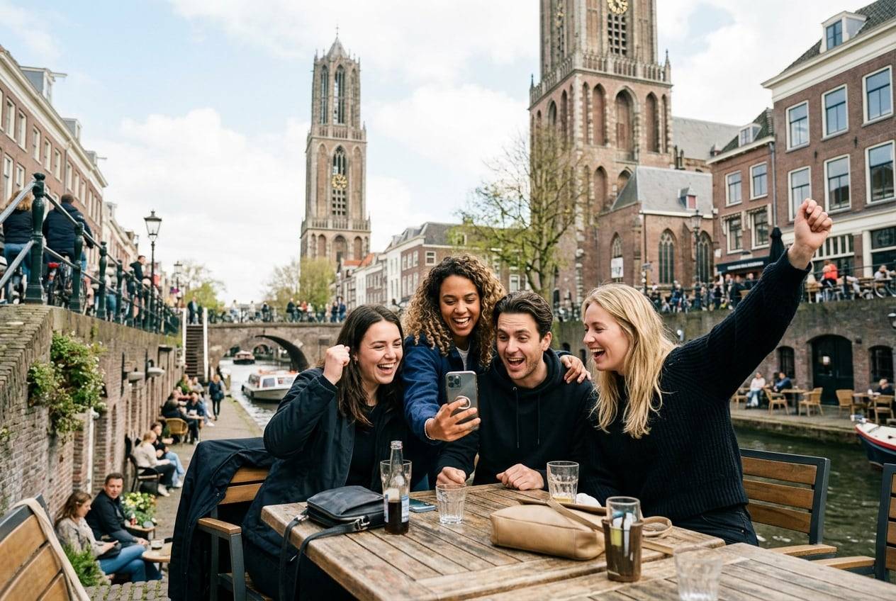 A small company team on a canal-side terrace by the Oudegracht, Utrecht, cheering while looking at one phone, celebrating a campaign launch, in branded-free company clothes