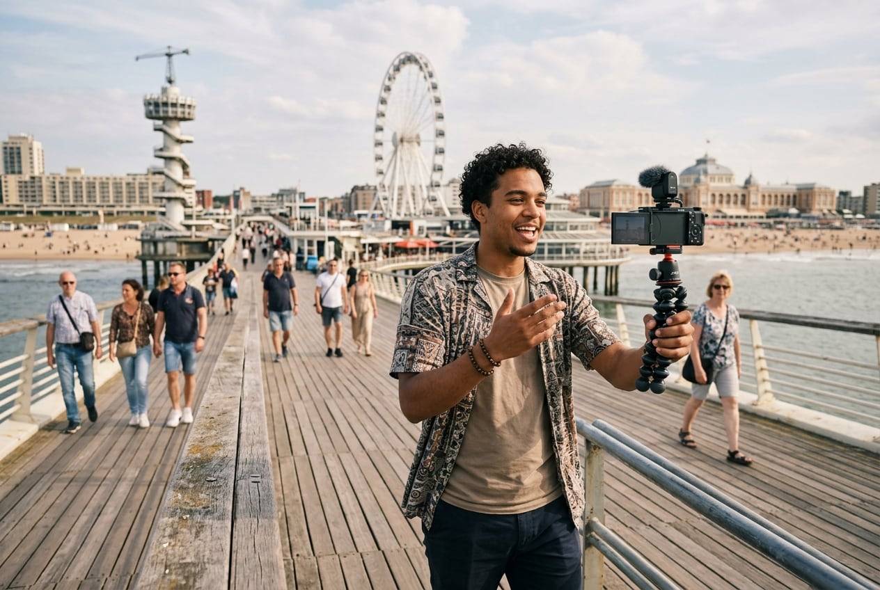 A young Surinamese-Dutch man on the Scheveningen pier, The Hague, filming a travel vlog with a small camera on a handheld tripod, one person talking
