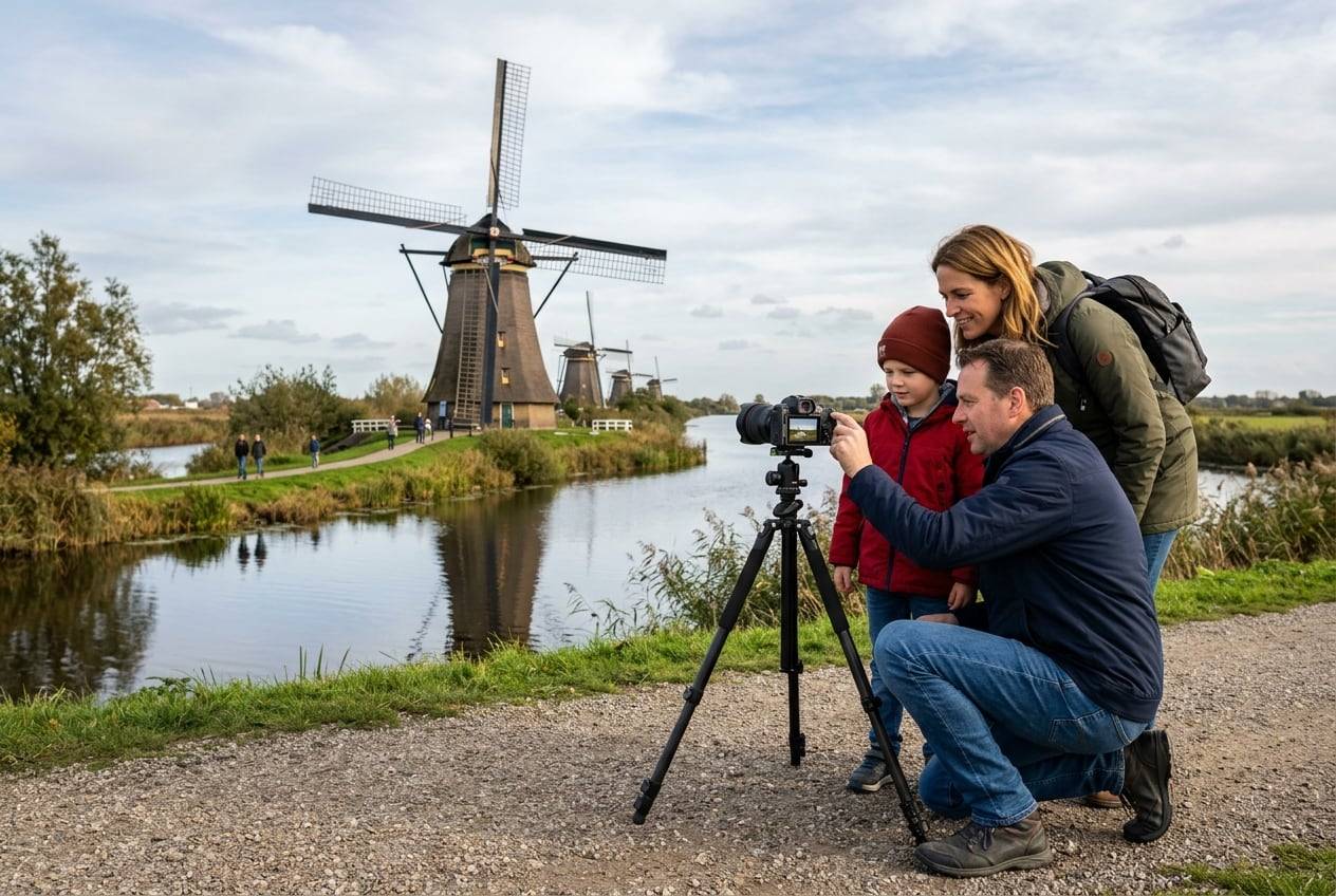 A family at the Kinderdijk windmills, filming a wide shot of the scene with a camera on a tripod, checking the flip screen