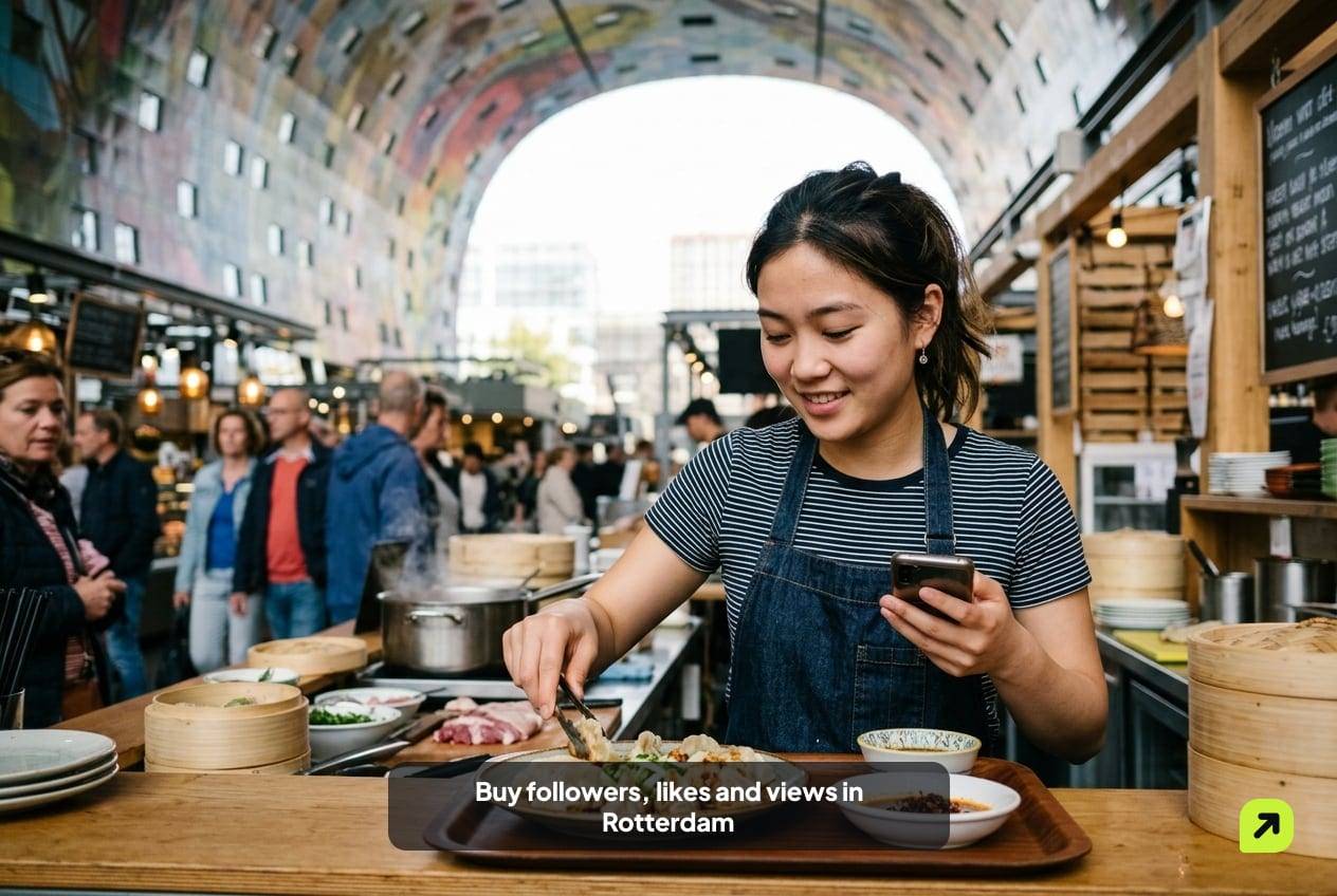 Food-stall owner arranging a plate of dumplings in the Markthal, Rotterdam, holding her phone with the screen turned away
