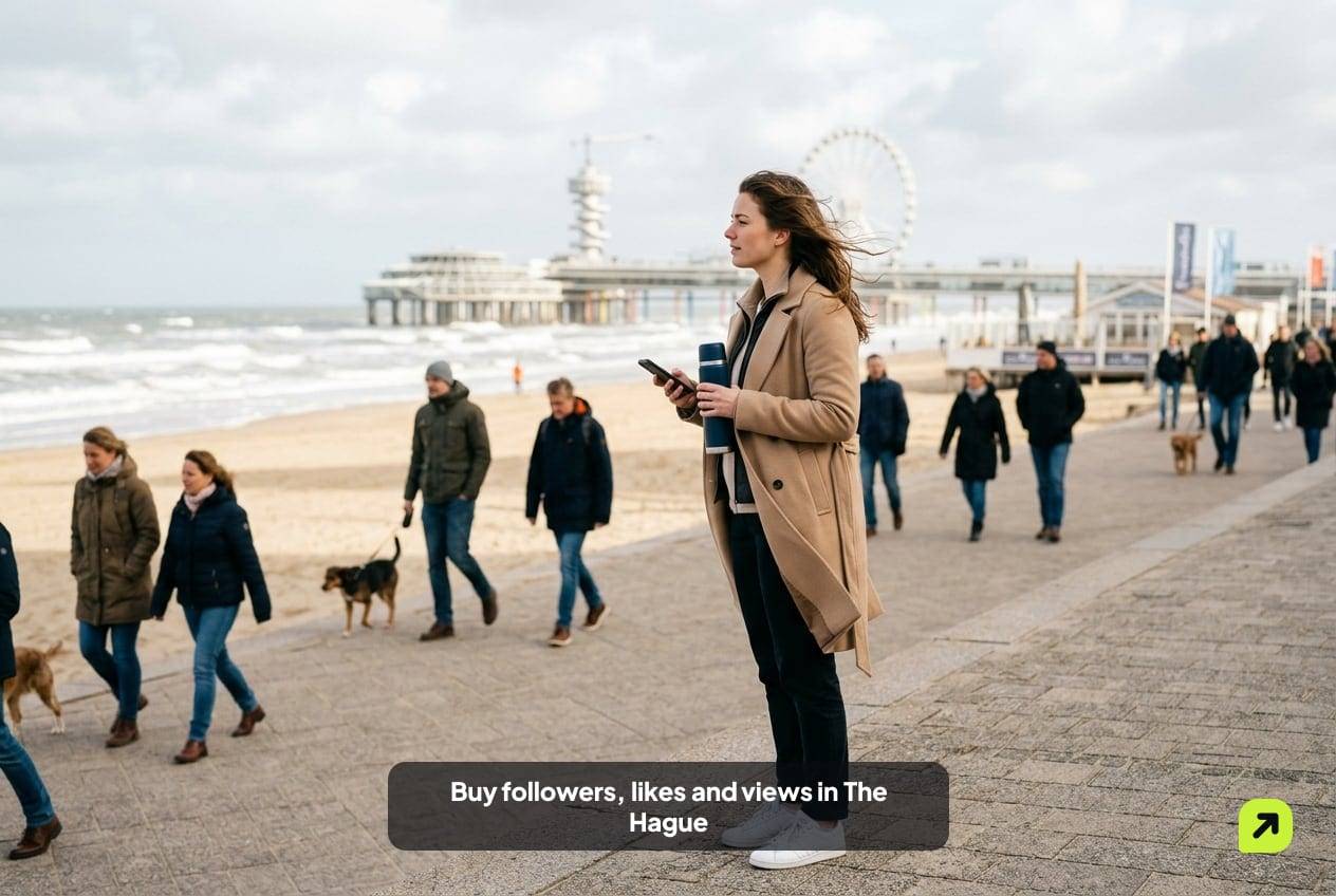 Young woman in a trench coat on the Scheveningen promenade at a windy dawn, phone held with the screen turned away