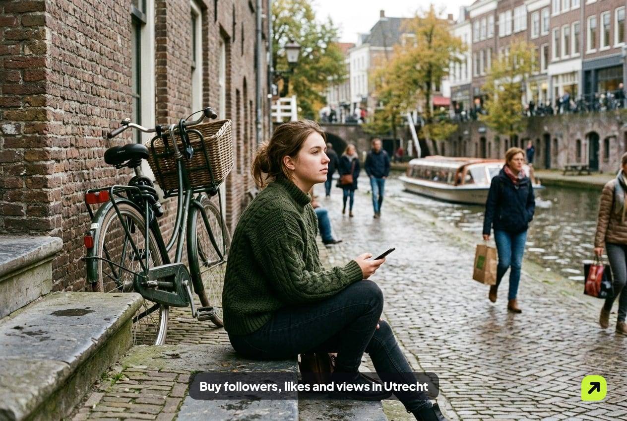 University student on a step beside the Oudegracht in Utrecht on an autumn afternoon, bicycle beside her, phone screen turned away