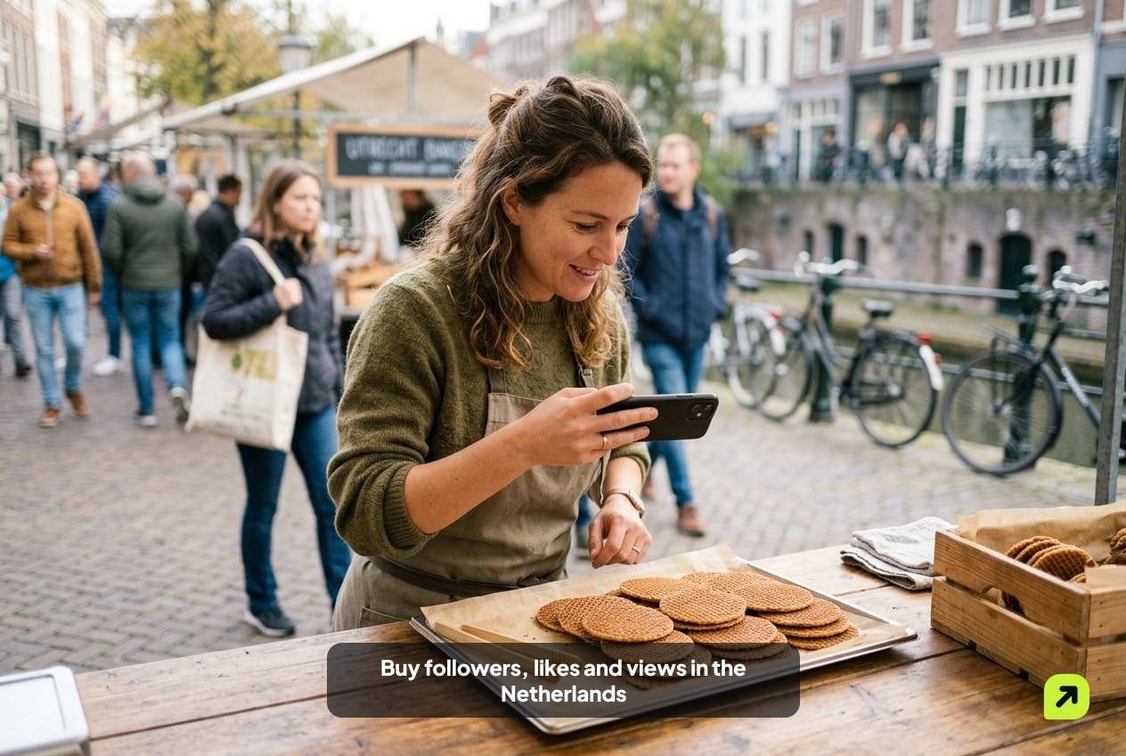Bakery owner filming a tray of stroopwafels at a street market in Utrecht, phone screen turned away, bicycles behind her