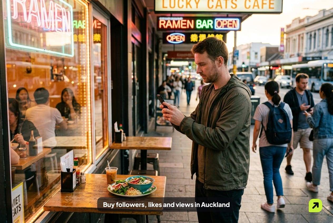 Creator filming a meal and shopfront on Karangahape Road, Auckland, in golden-hour light