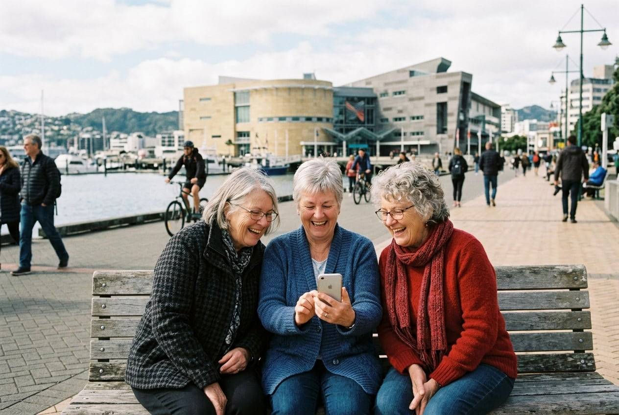 Three older friends on a bench at the Wellington waterfront with Te Papa behind, looking at a phone together and laugh at the replies