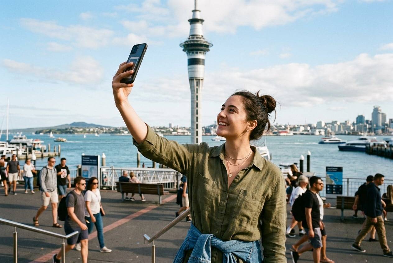 A young woman at the Sky Tower base in Auckland with the harbor behind, taking a selfie-style photo for their Instagram profile with a phone held up