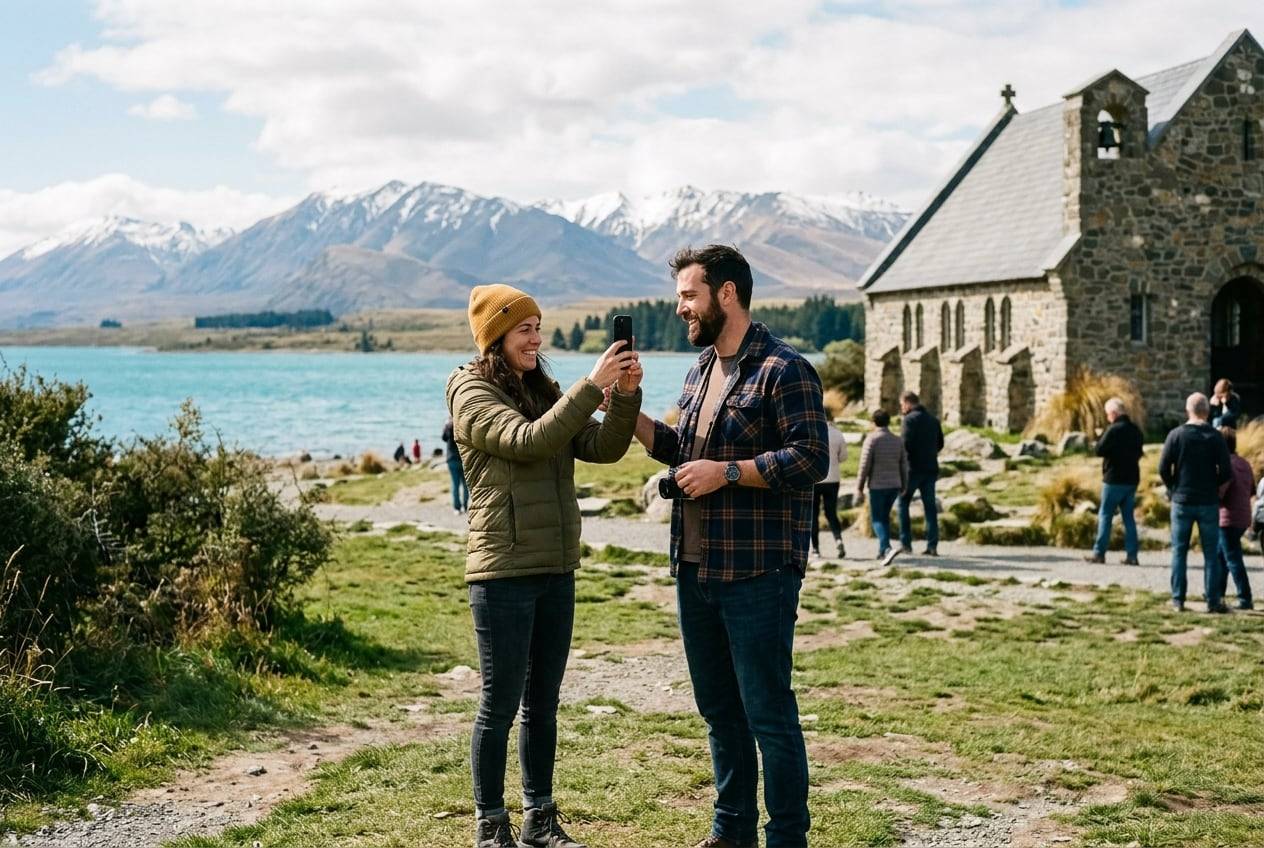 A couple in their 30s at the Lake Tekapo Church of the Good Shepherd with turquoise water behind, photographing the view and each other with a phone for an Instagram post