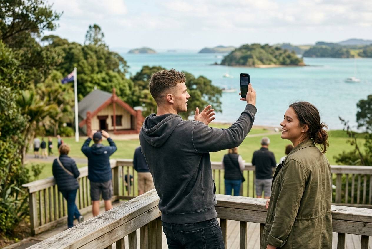 A young man on the viewing platform at Bay of Islands Waitangi Treaty Grounds, filming a short vertical Reel with a phone, one of them mid-movement