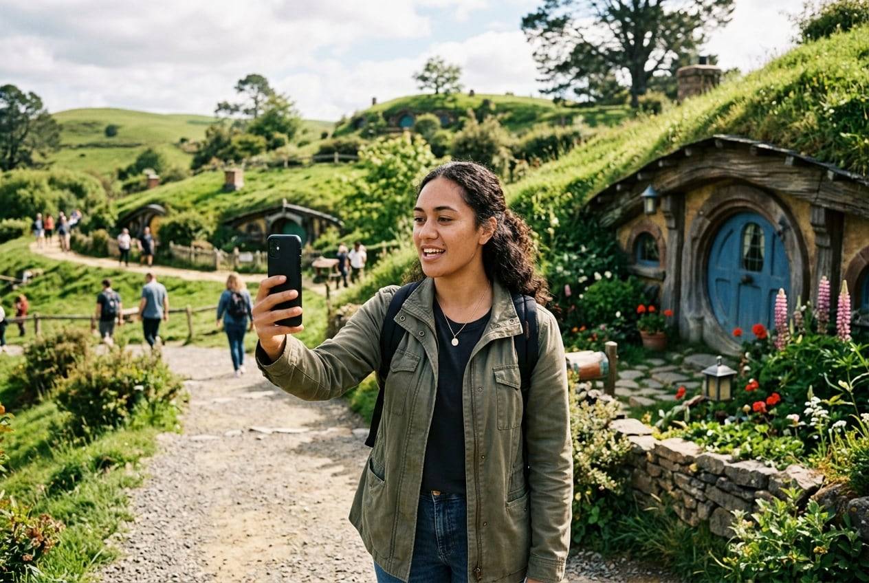 A young Māori woman at Hobbiton Movie Set hobbit holes in Matamata, recording a vertical TikTok video talking to a phone held at arm's length