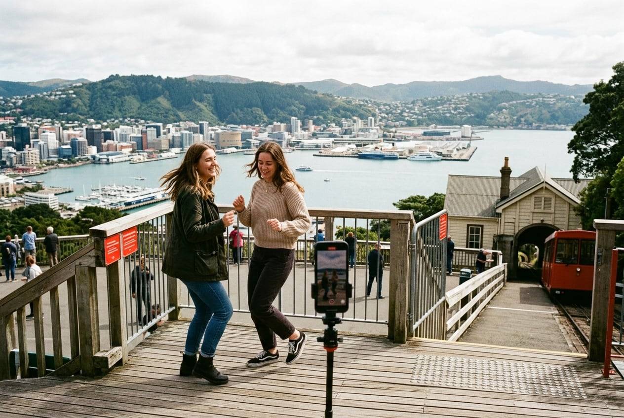 Two friends on the Wellington Cable Car terminus overlooking the harbor, dancing a TikTok trend together while a phone on a mini tripod records them