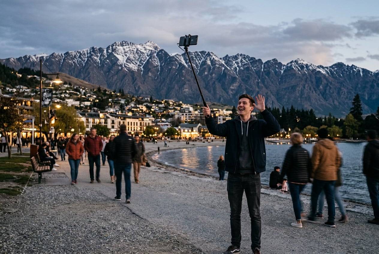 A young man at dusk at the Queenstown lakefront with the Remarkables behind, going live on a phone on a selfie stick at dusk, waving at the phone, city lights coming on