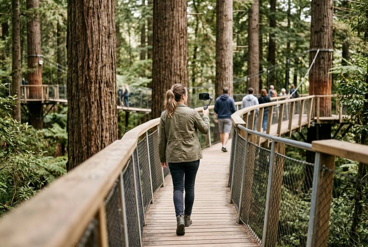 A woman in her 30s at Rotorua Redwoods Treewalk among giant trees, filming a vertical video with a phone gimbal while walking