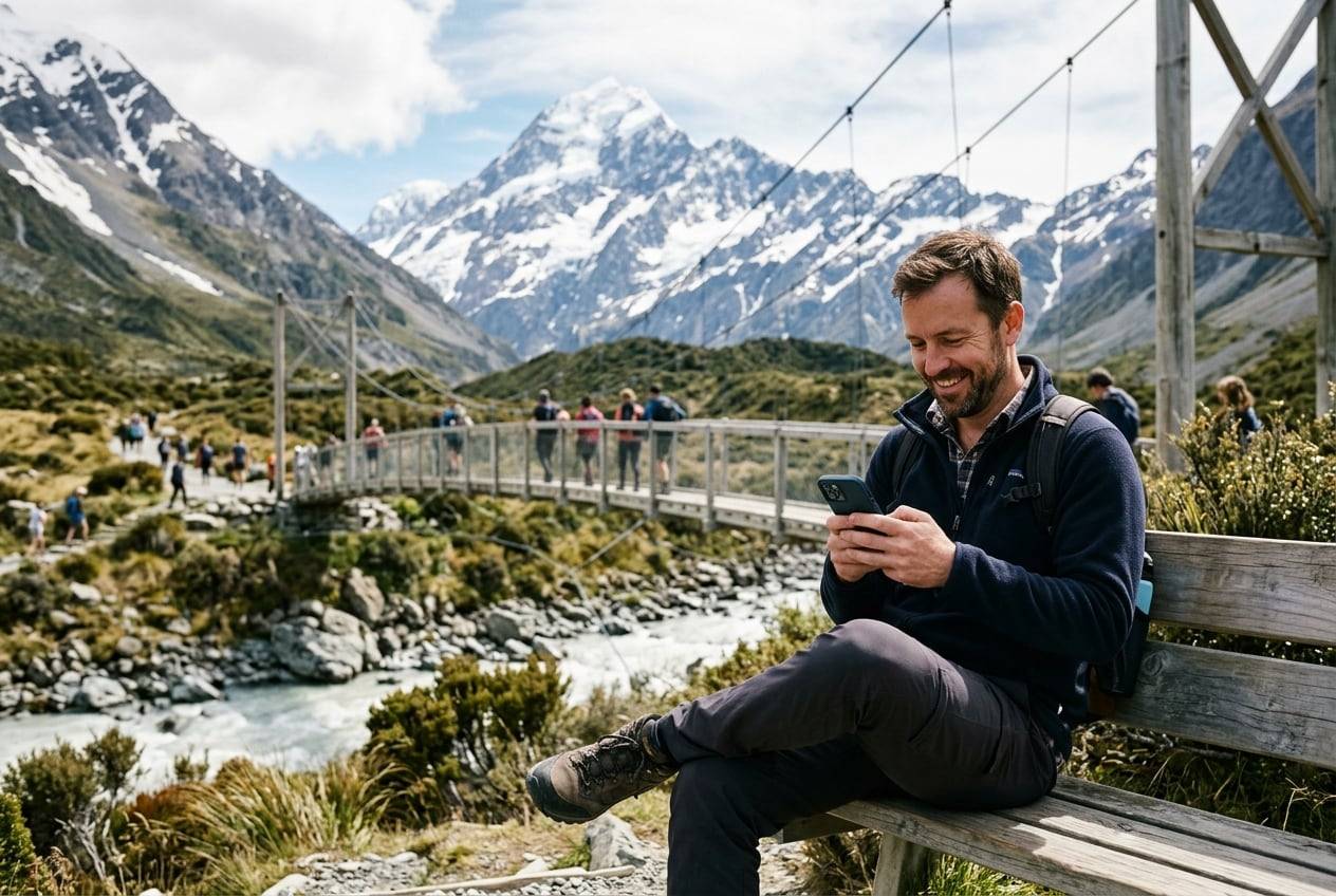 A man in his 40s at Mount Cook Hooker Valley swing bridge with the peak behind, typing a post on a phone while sitting on a bench, smiling