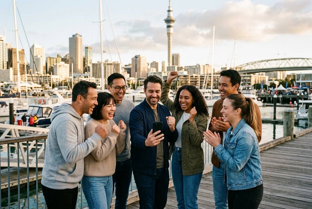 An office team at Viaduct Harbour, Auckland, in casual clothes, cheering while looking at one phone, celebrating a campaign launch, in branded-free company clothes