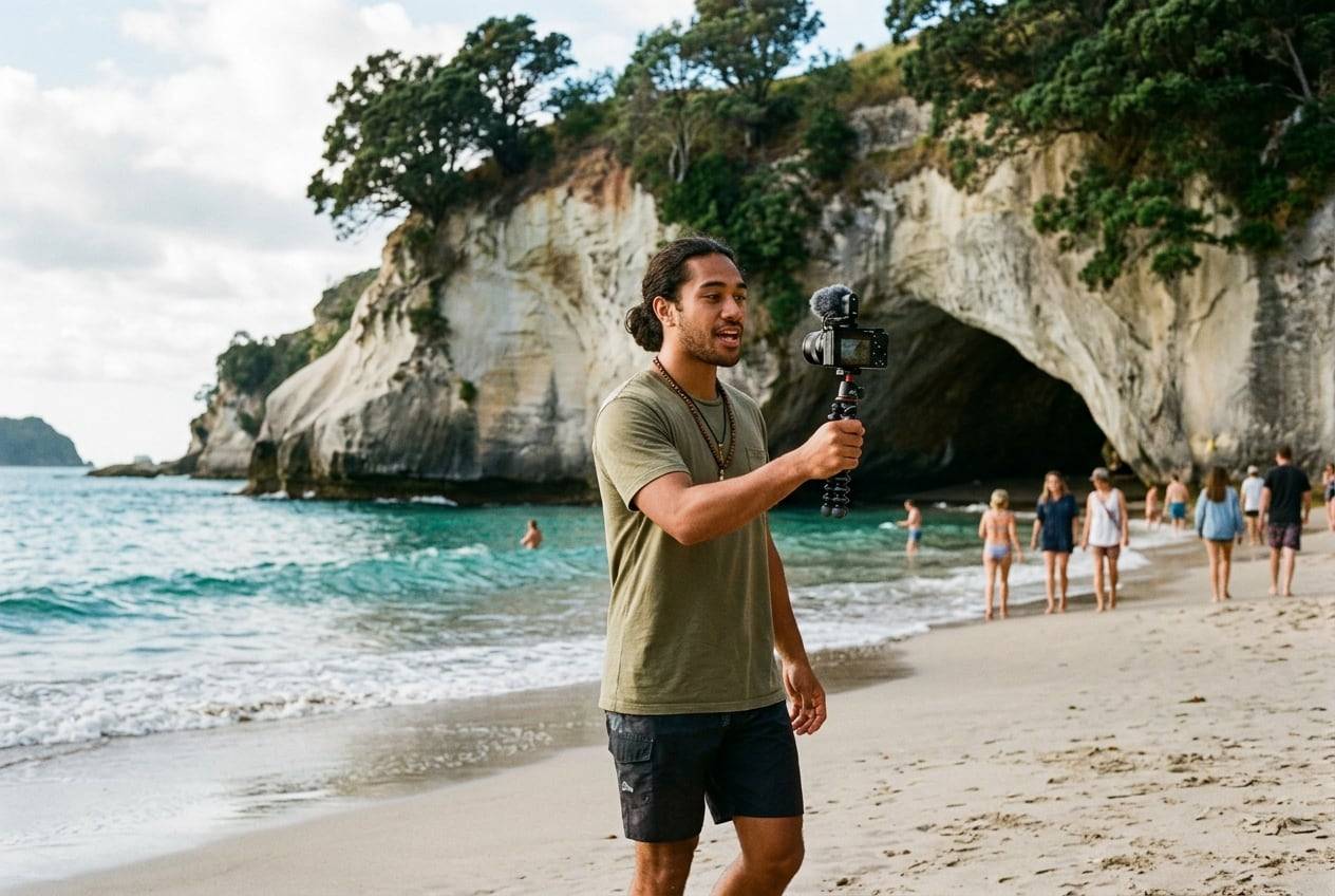 A young Pasifika man at Cathedral Cove, Coromandel, filming a travel vlog with a small camera on a handheld tripod, one person talking