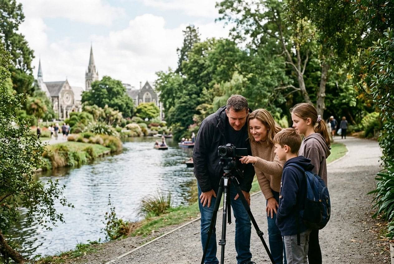 A family at Christchurch Botanic Gardens beside the Avon River, filming a wide shot of the scene with a camera on a tripod, checking the flip screen