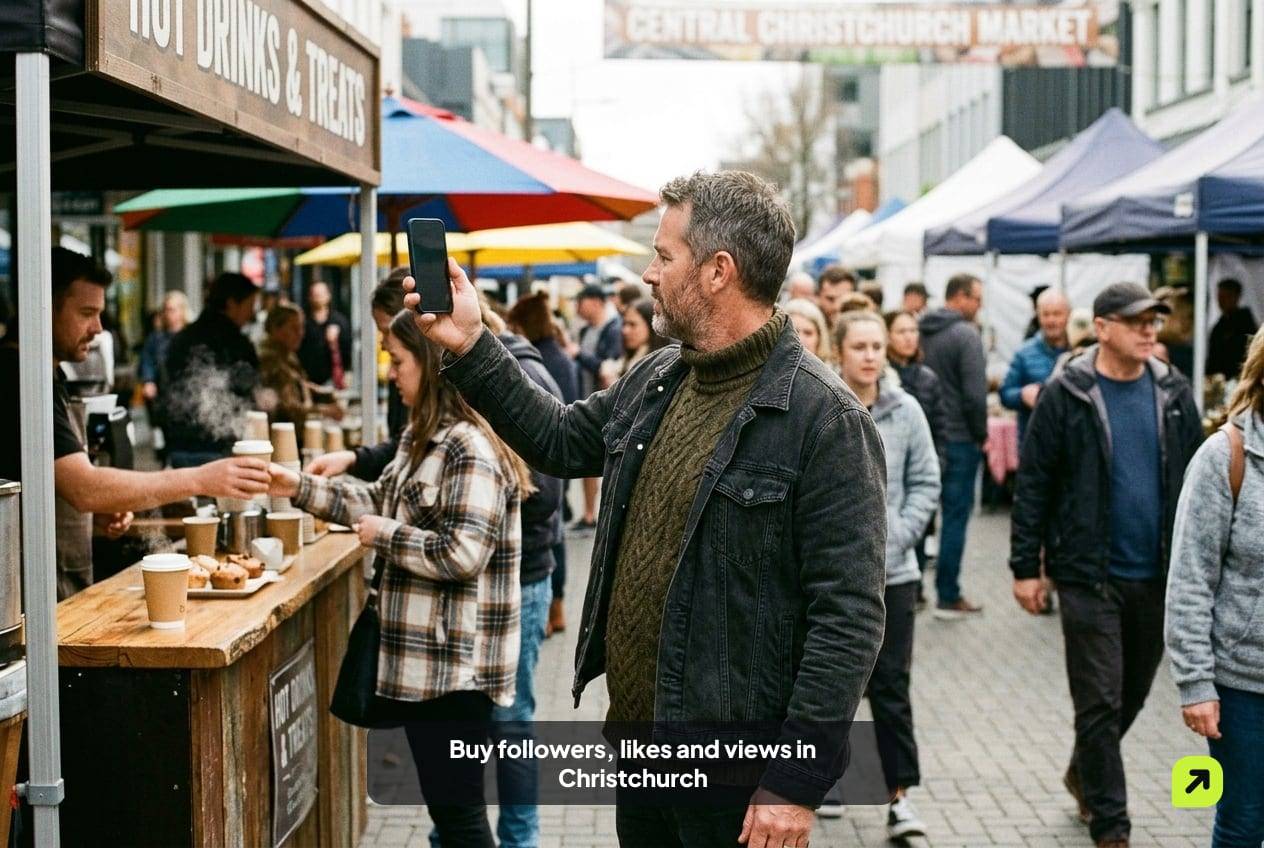 Vendor filming a market stall in central Christchurch in soft morning light