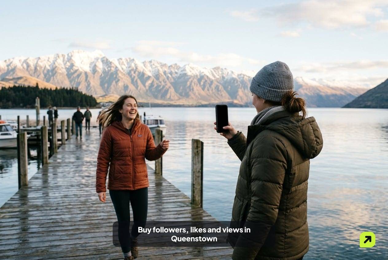 Creator filming a friend on a lakeside jetty in Queenstown in crisp early-morning light
