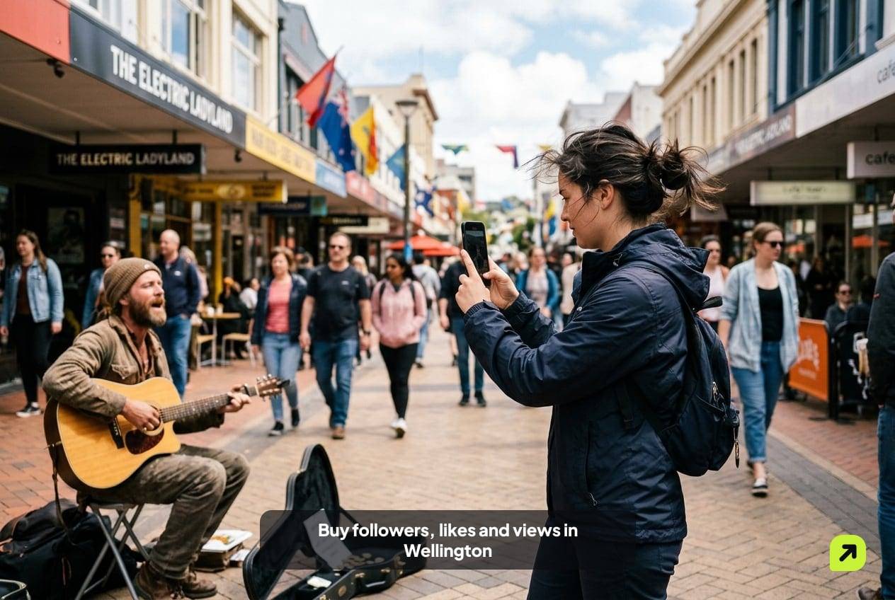 Creator filming a street musician on Cuba Street in Wellington on a breezy afternoon