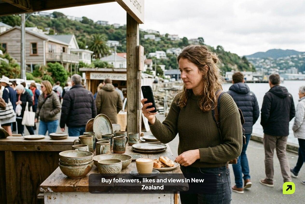 Small-business owner filming handmade ceramics and a coffee at a craft stall in Wellington in soft light