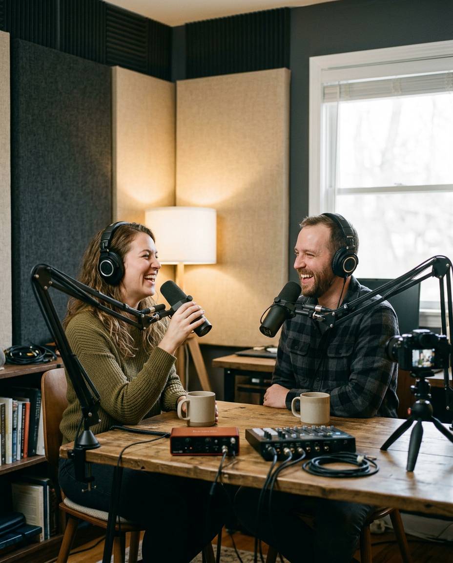 Two podcast hosts laughing while recording in a small studio