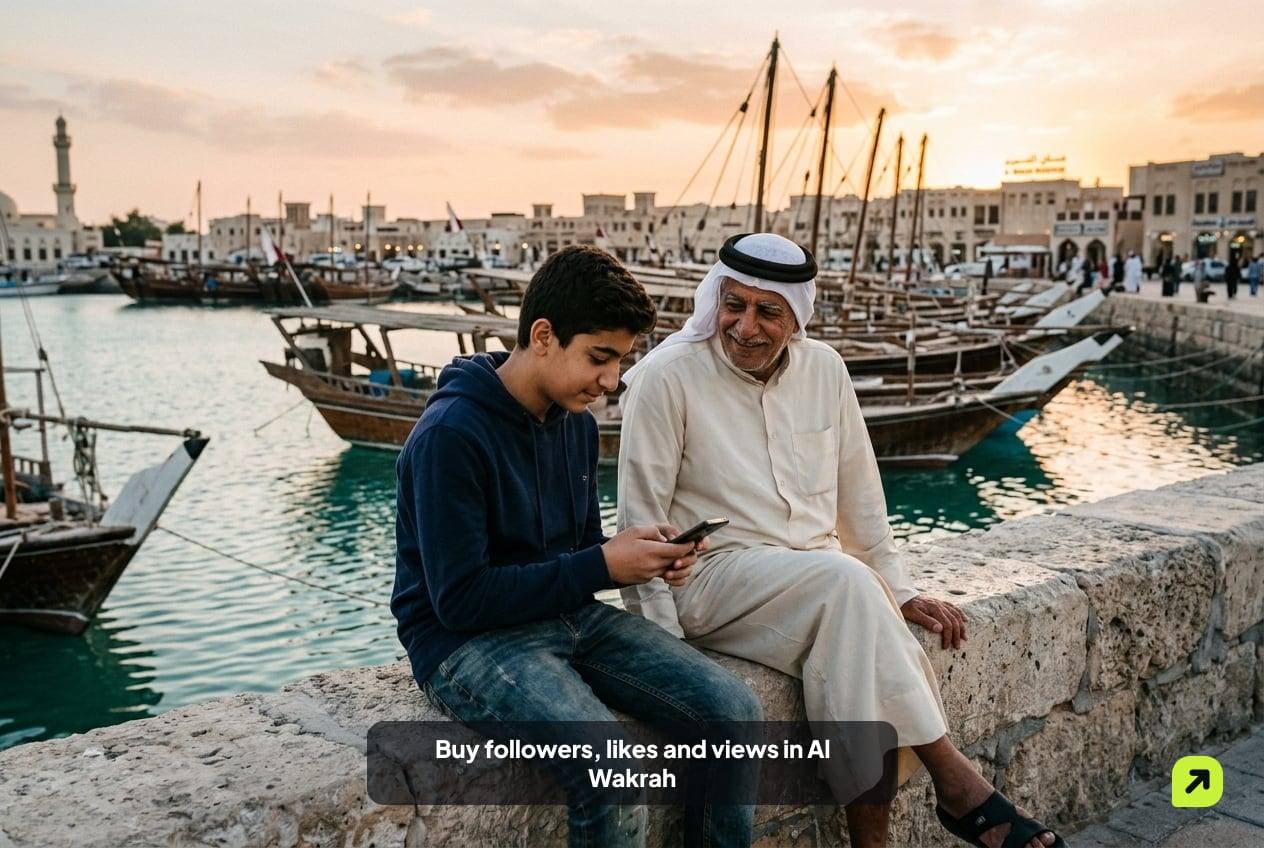 Grandfather and grandson on the Al Wakrah waterfront at golden hour with wooden dhows behind them