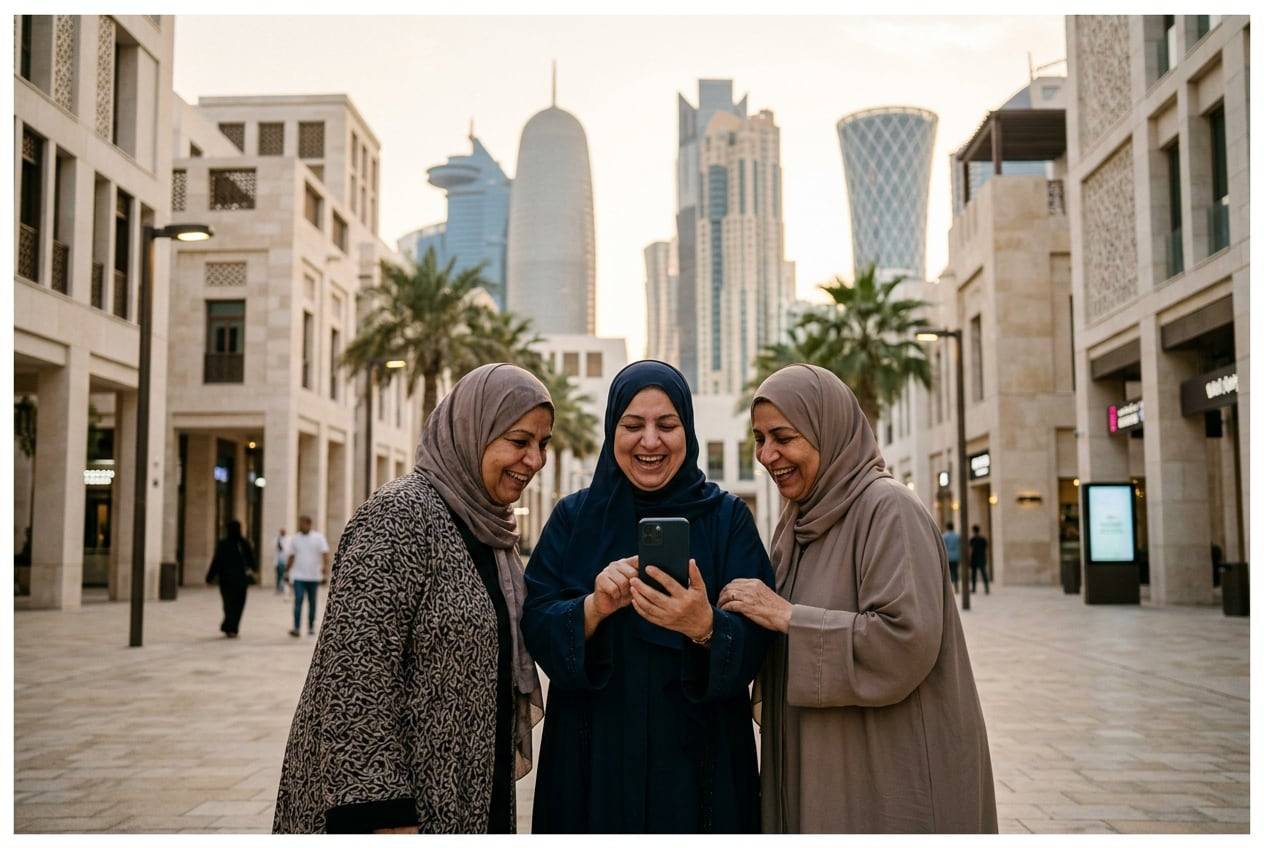 Three older friends in Msheireb Downtown courtyard, Doha, modestly dressed, looking at a phone together and laugh at the replies