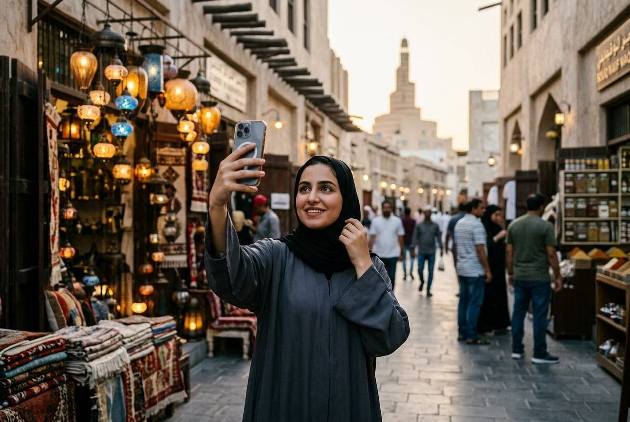 A young woman in an abaya at the Souq Waqif lanterns and alleyways, Doha, taking a selfie-style photo for their Instagram profile with a phone held up