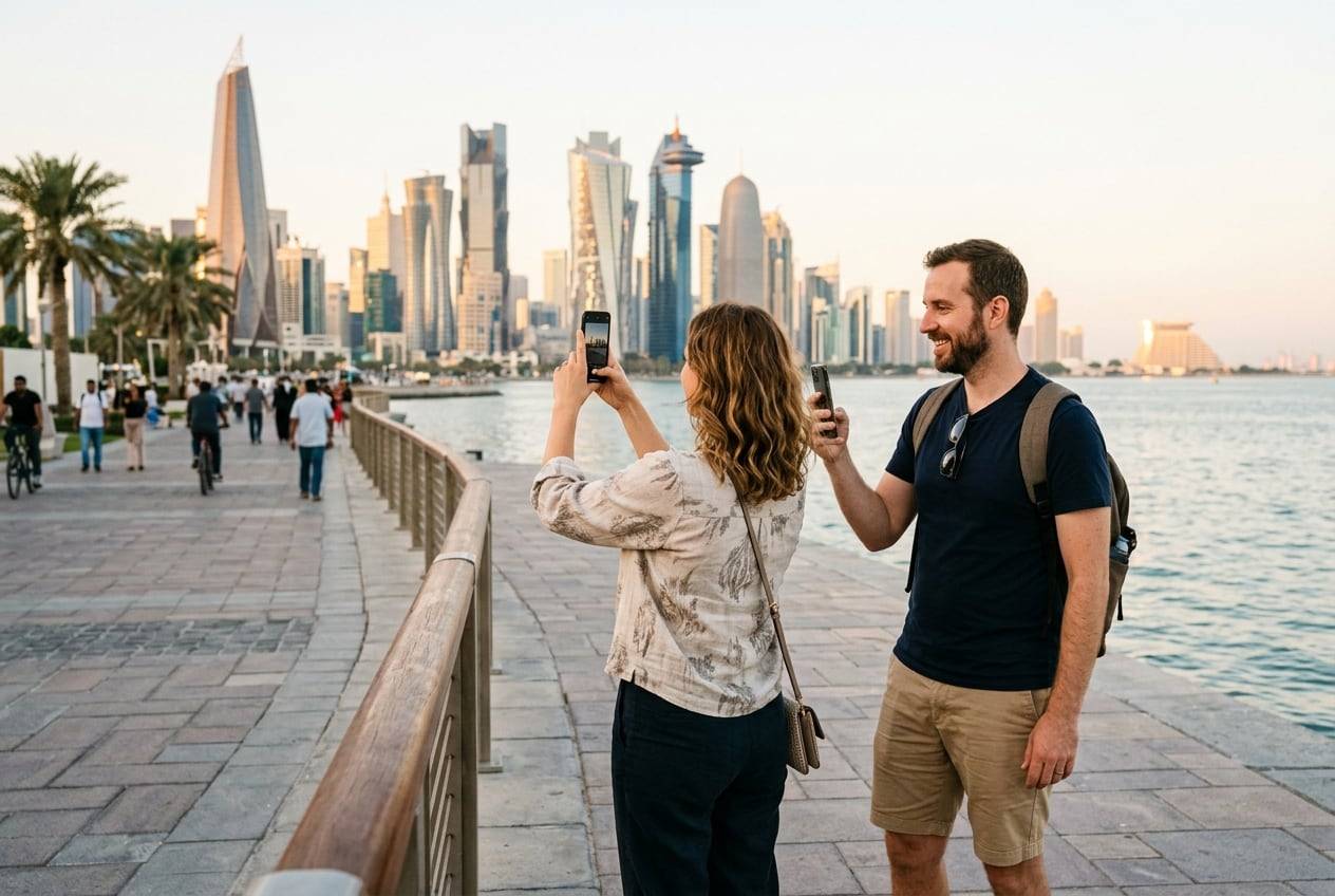 A couple in their 30s on the Doha Corniche promenade with the West Bay skyline behind, photographing the view and each other with a phone for an Instagram post