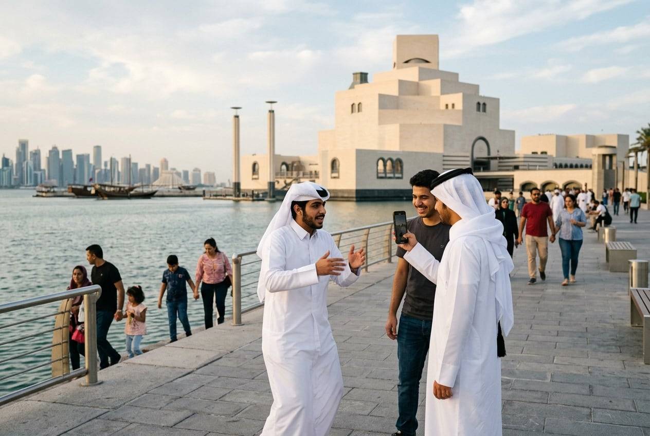 A young man in a thobe at the Museum of Islamic Art waterfront, Doha, filming a short vertical Reel with a phone, one of them mid-movement