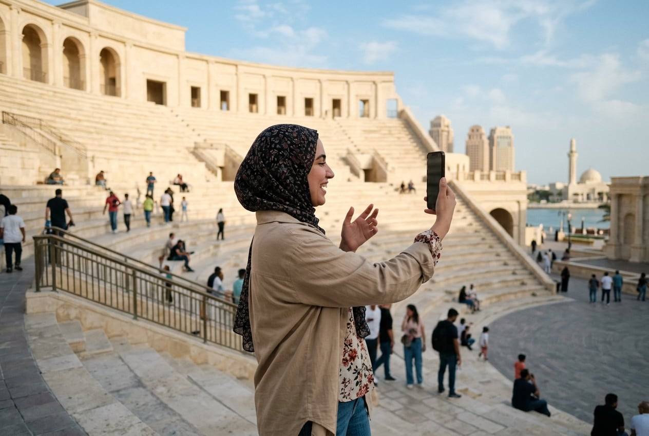 A young woman in a headscarf at Katara Cultural Village amphitheatre, Doha, recording a vertical TikTok video talking to a phone held at arm's length