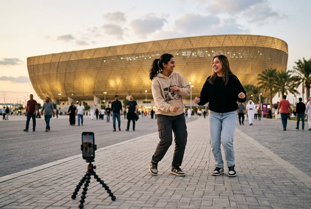 Two friends at Lusail Stadium, Lusail, with the stadium behind, dancing a TikTok trend together while a phone on a mini tripod records them