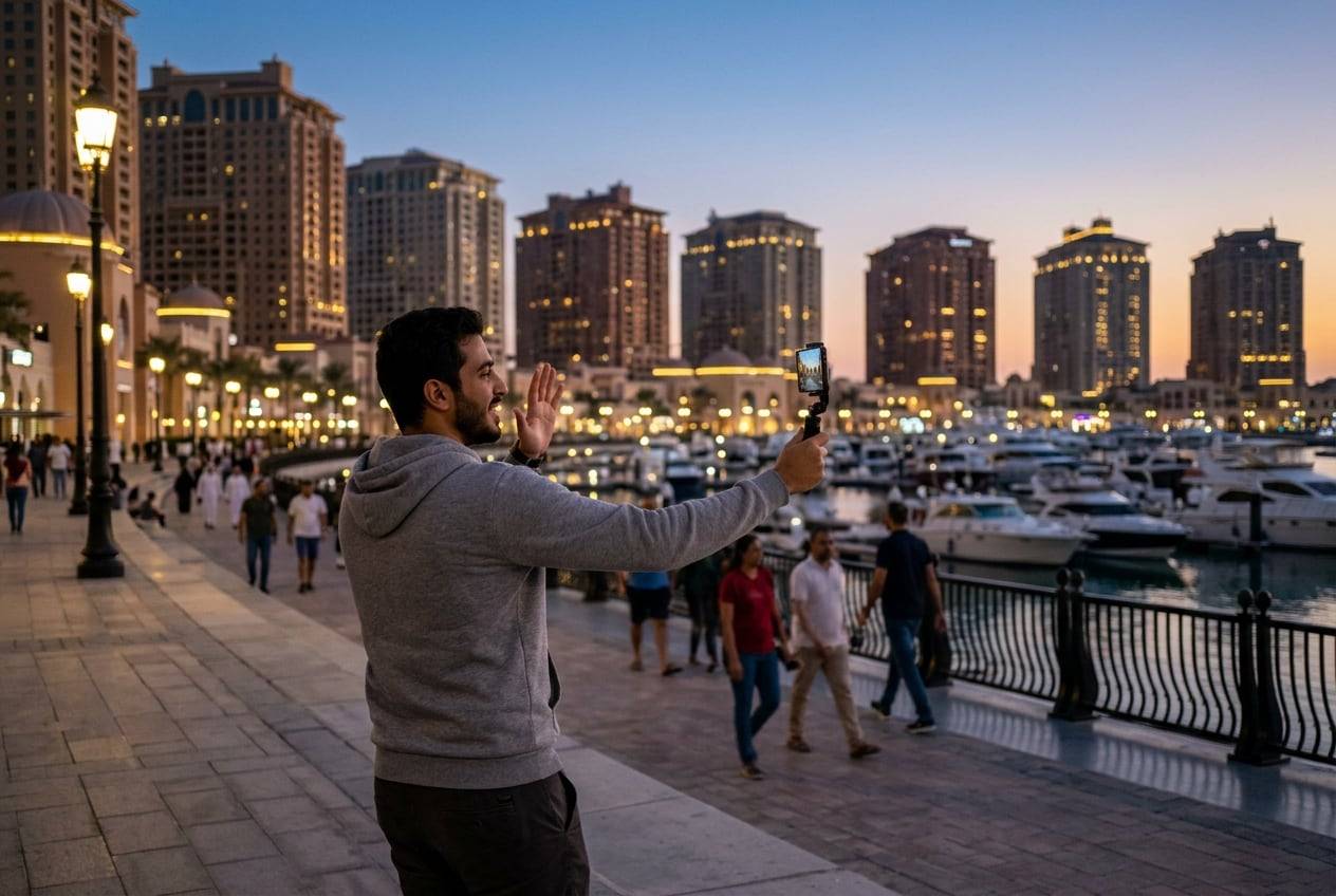 A young man at dusk on the Pearl-Qatar marina promenade, Doha, going live on a phone on a selfie stick at dusk, waving at the phone, city lights coming on