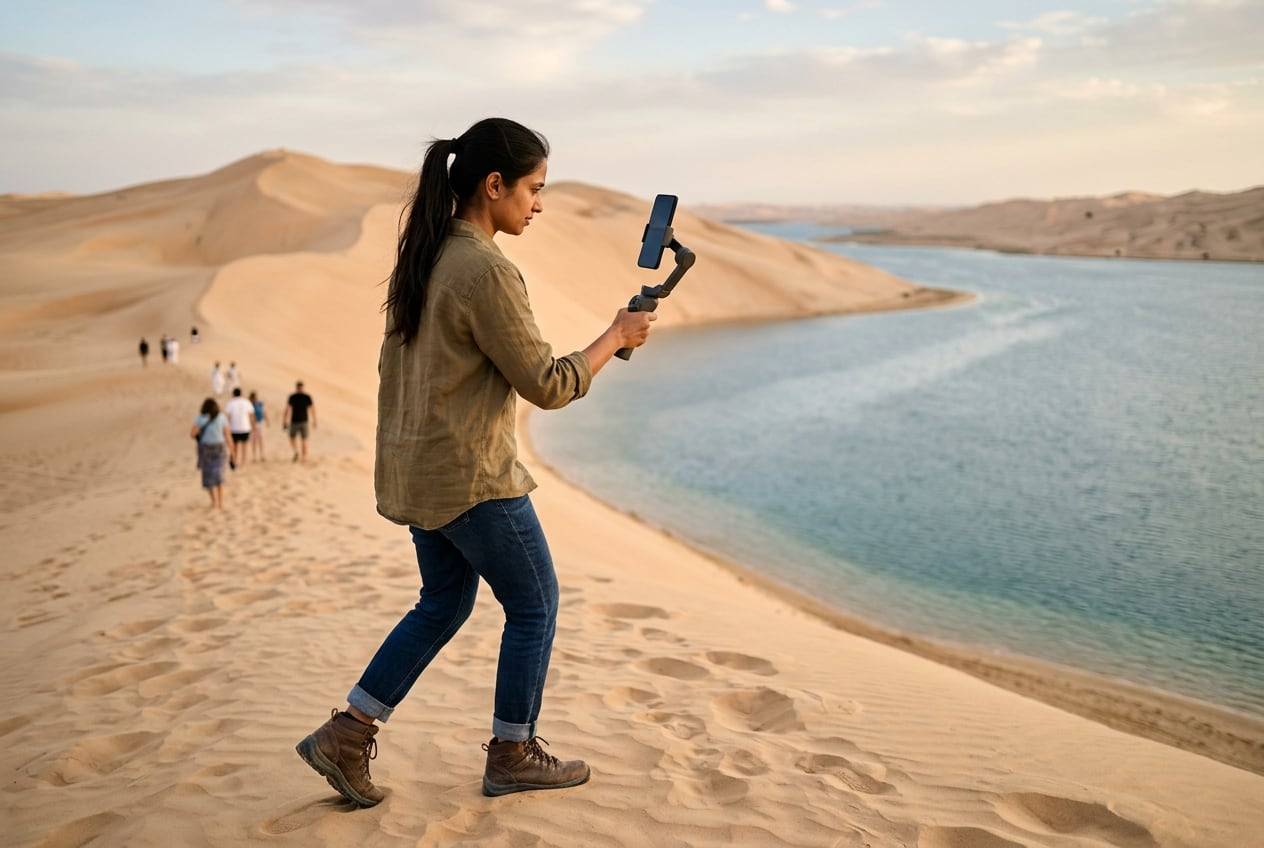 A woman in her 30s in modest clothes in the sand dunes at Khor Al Adaid (Inland Sea), Qatar, filming a vertical video with a phone gimbal while walking