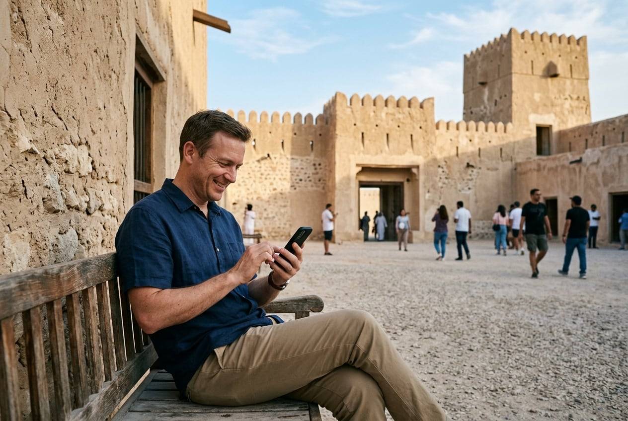 A man in his 40s at the Al Zubarah Fort, northwest Qatar, typing a post on a phone while sitting on a bench, smiling