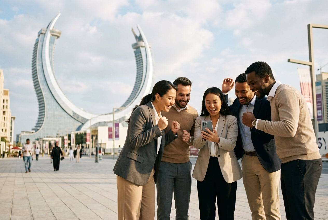 An office team in business-casual clothes at Lusail Boulevard with Katara Towers behind, cheering while looking at one phone, celebrating a campaign launch, in branded-free company clothes