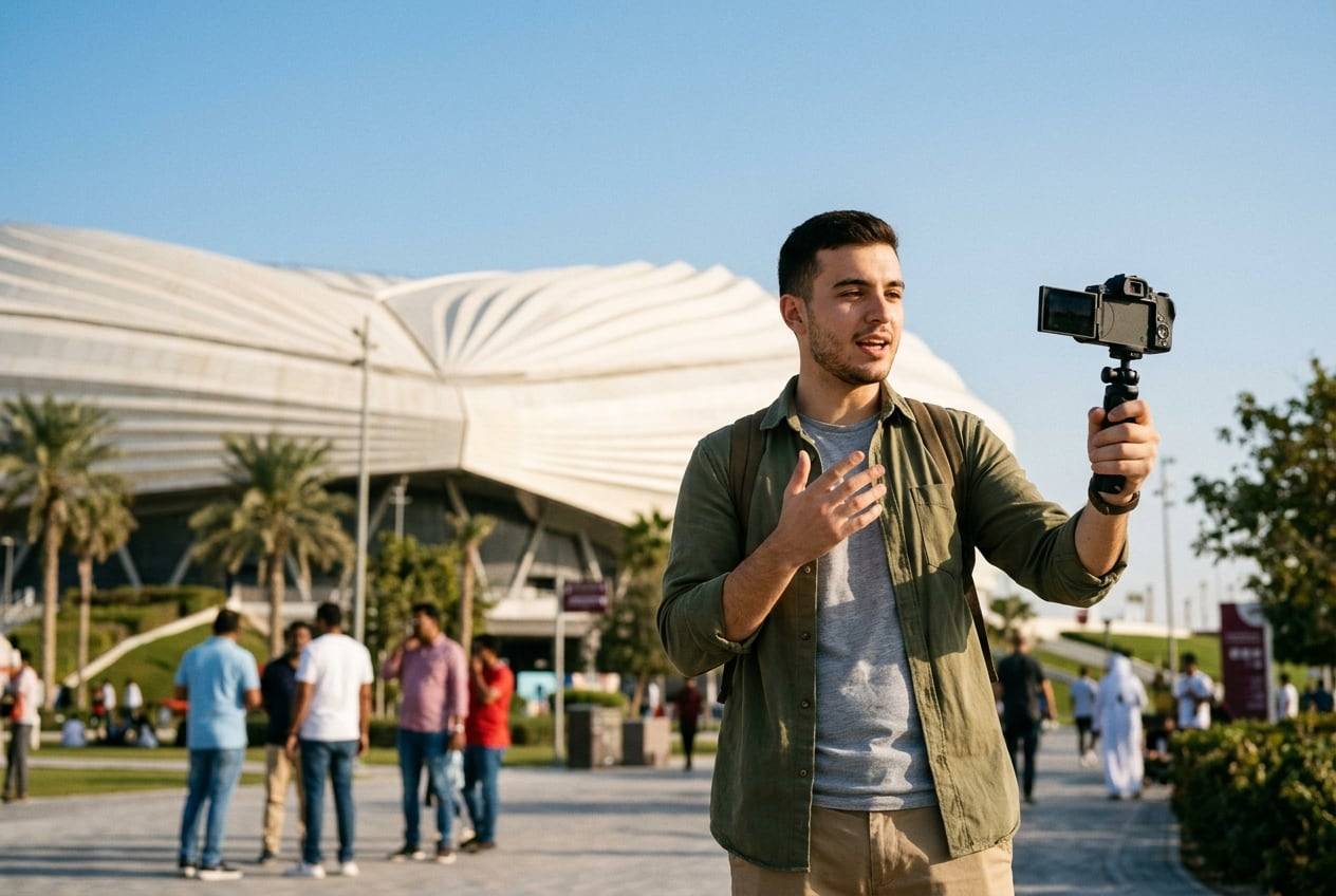 A young man at Al Janoub Stadium with the dhow-sail roof, Al Wakrah, filming a travel vlog with a small camera on a handheld tripod, one person talking