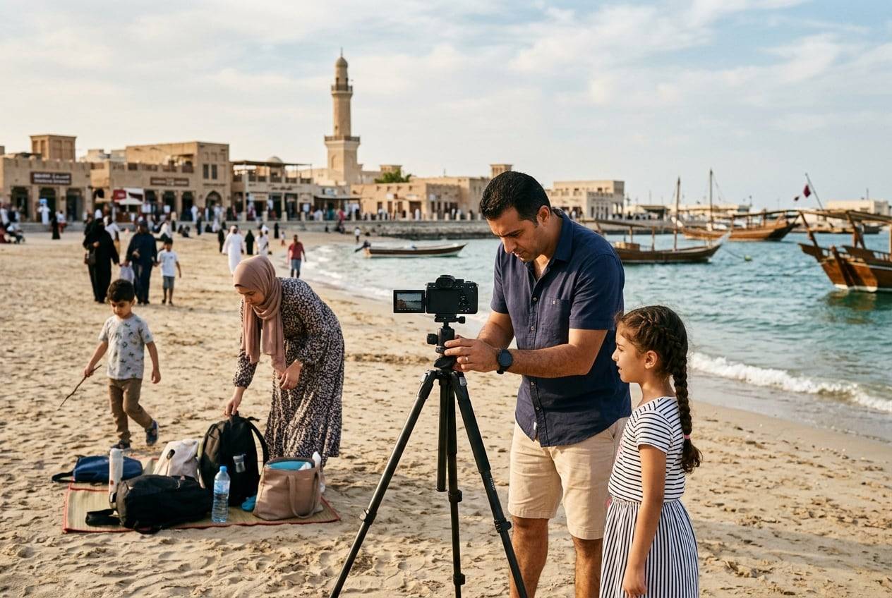 A family at Souq Al Wakrah beach with wooden dhows, Al Wakrah, filming a wide shot of the scene with a camera on a tripod, checking the flip screen