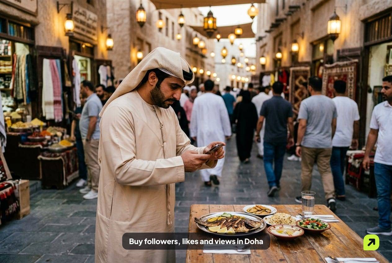 Creator filming a plate of food in an alley of Souq Waqif, Doha, in warm evening light