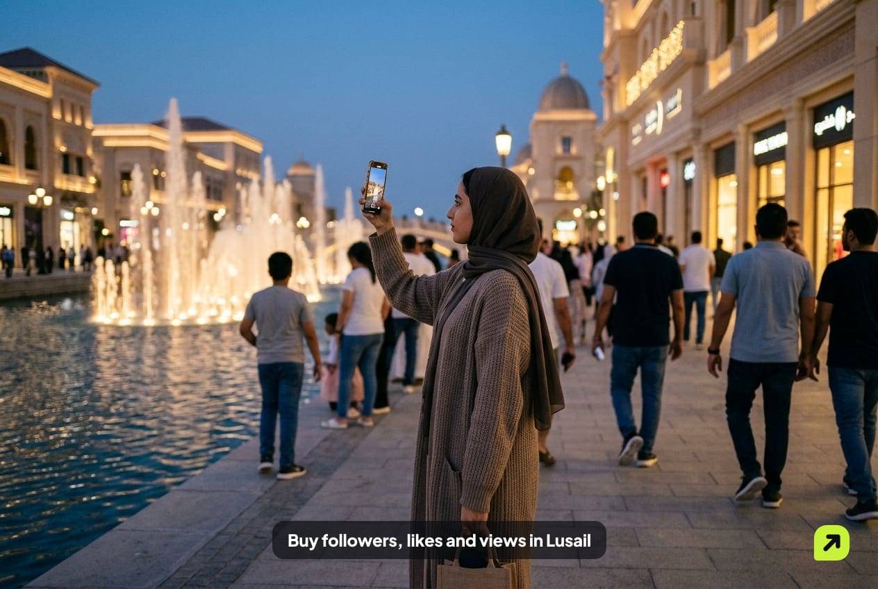 Creator filming the canal and fountains at a Lusail shopping promenade at dusk