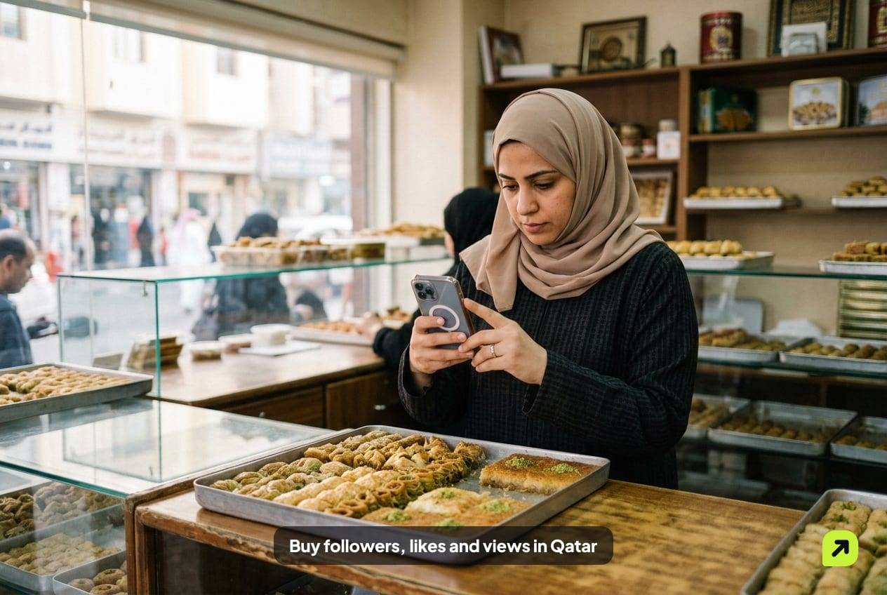 Small-business owner in Doha filming a tray of baked sweets on her phone in soft window light