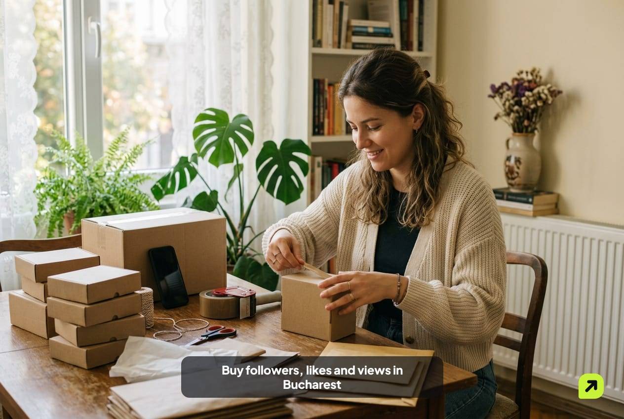 Online seller packing parcels at a table in a sunlit apartment in Cotroceni, Bucharest