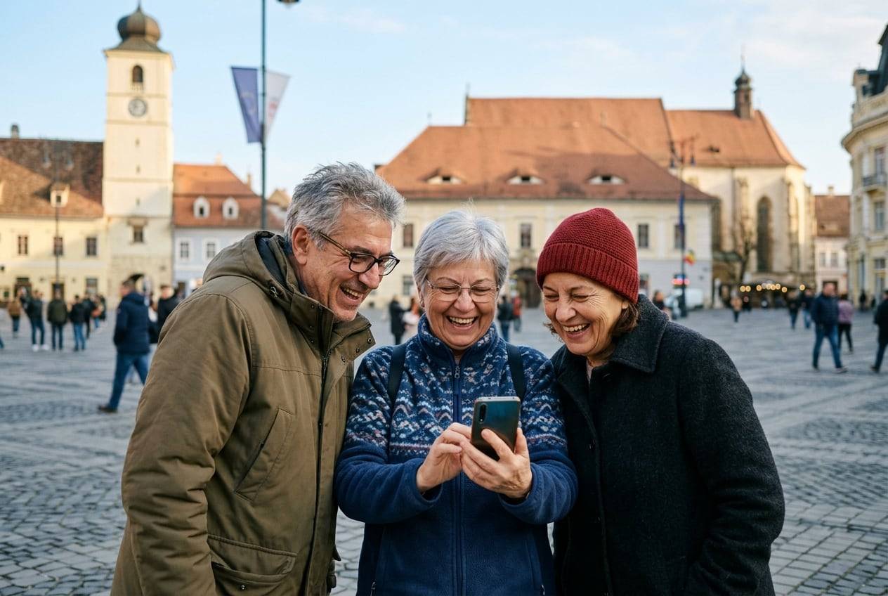 Three older friends in the Large Square, Sibiu, looking at a phone together and laugh at the replies
