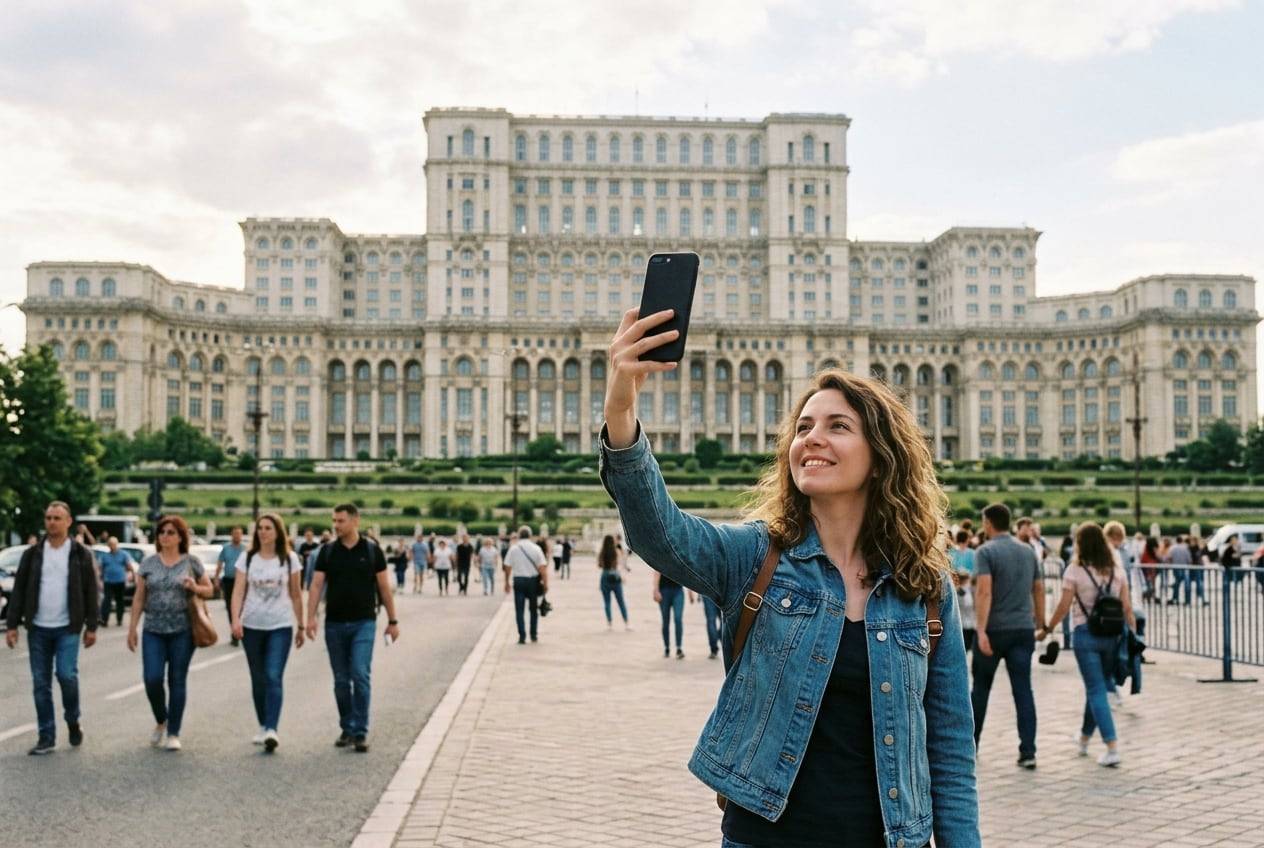 A young woman at the Palace of the Parliament, Bucharest, taking a selfie-style photo for a Instagram profile with a phone held up