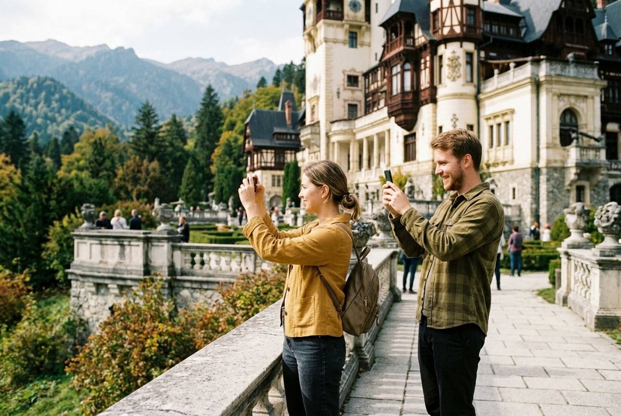 A couple at Peleș Castle, Sinaia, photographing the view and each other with a phone for an Instagram post