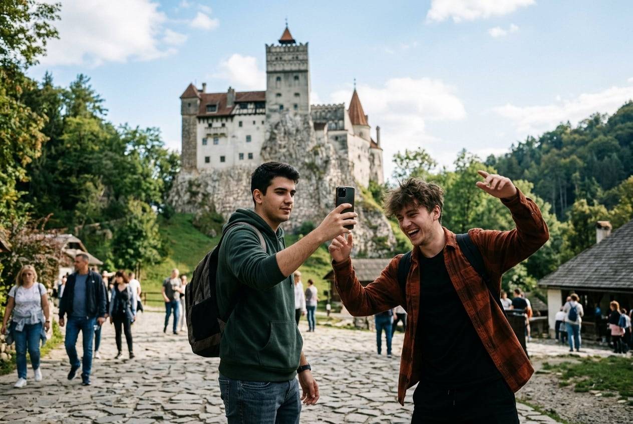 A young man at Bran Castle, filming a short vertical Reel with a phone, one of them mid-movement