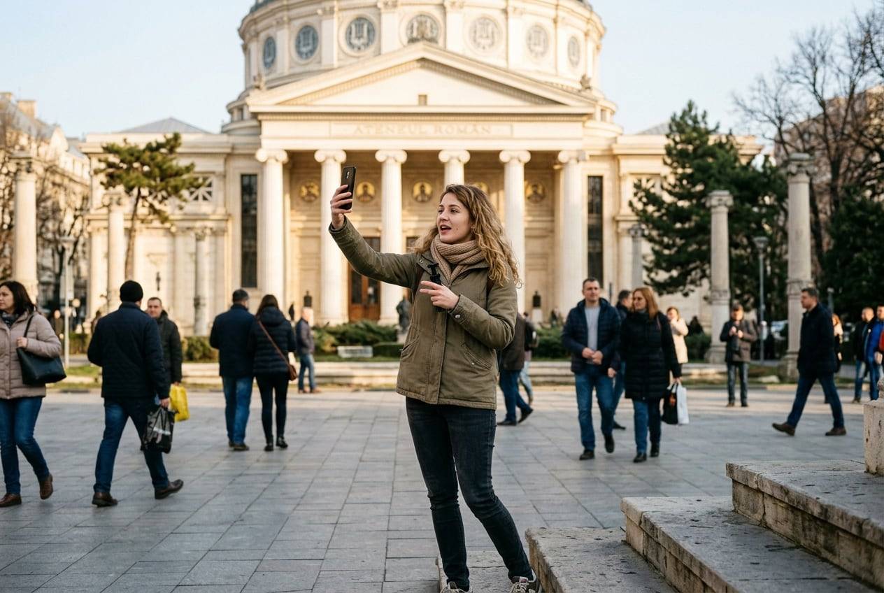 A young woman at the Romanian Athenaeum, Bucharest, recording a vertical TikTok video talking to a phone held at arm's length