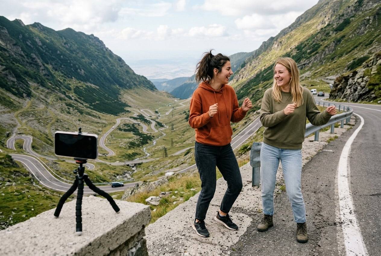 Two friends on the Transfăgărășan road, dancing a TikTok trend together while a phone on a mini tripod records them